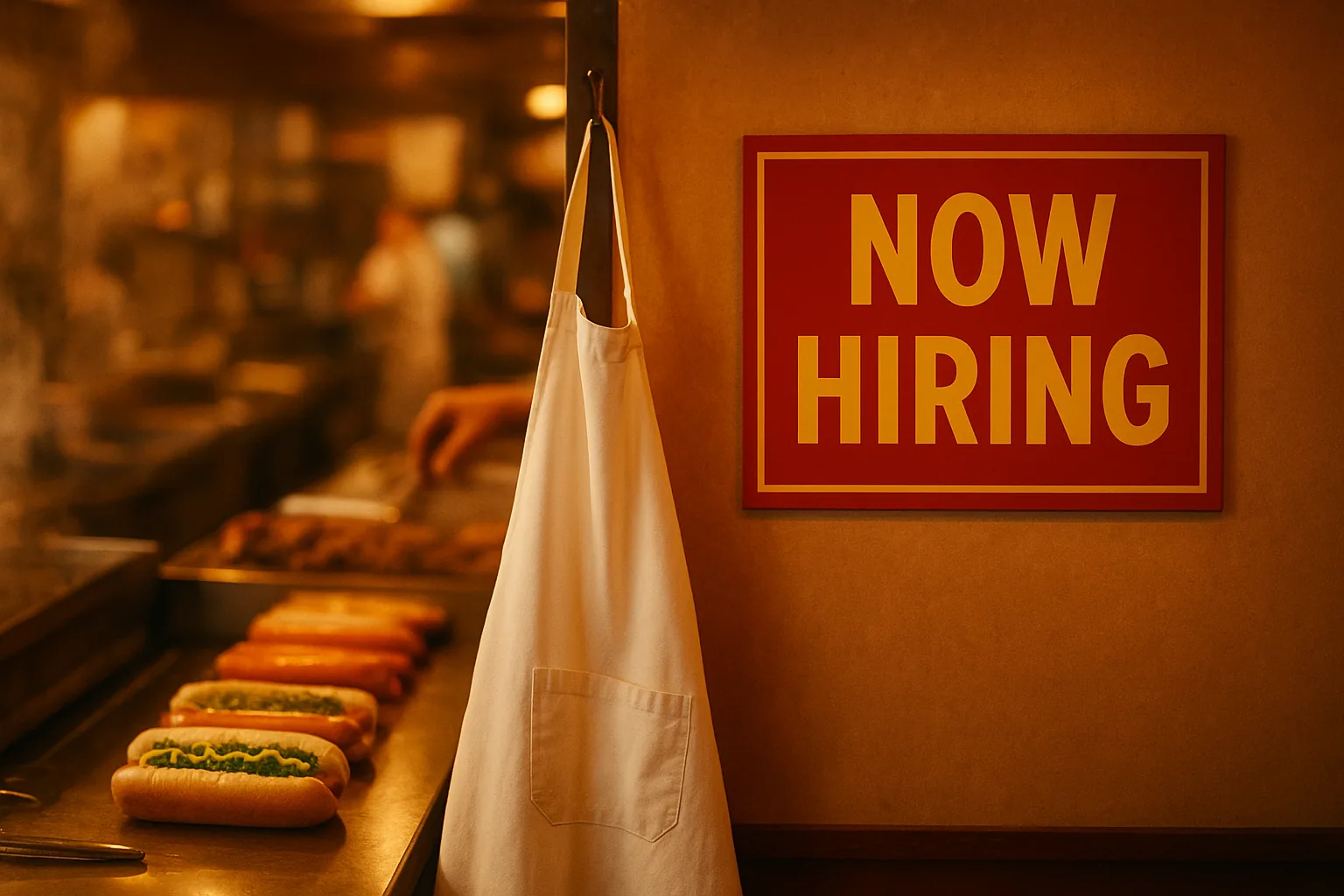 Now hiring at Jimmy's Chicago Style — Chicago-style hot dogs and an apron in a warm restaurant kitchen